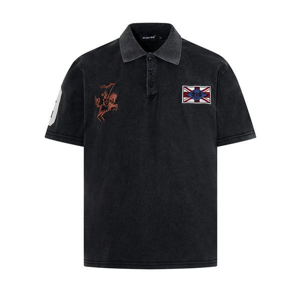 American vintage patch embroidered distressed short-sleeve polo shirt, summer men's loose INS street washed lapel T-shirt