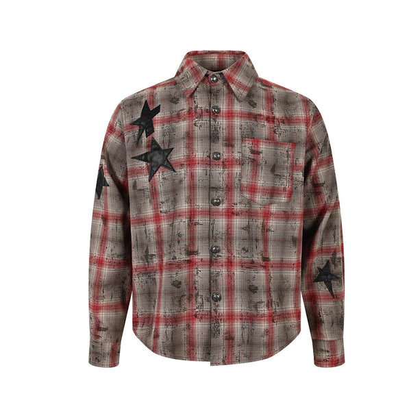 Magic Bear 2026 New American Street Subculture Applique Star Embroidery Distressed Plaid Shirt Long Sleeve