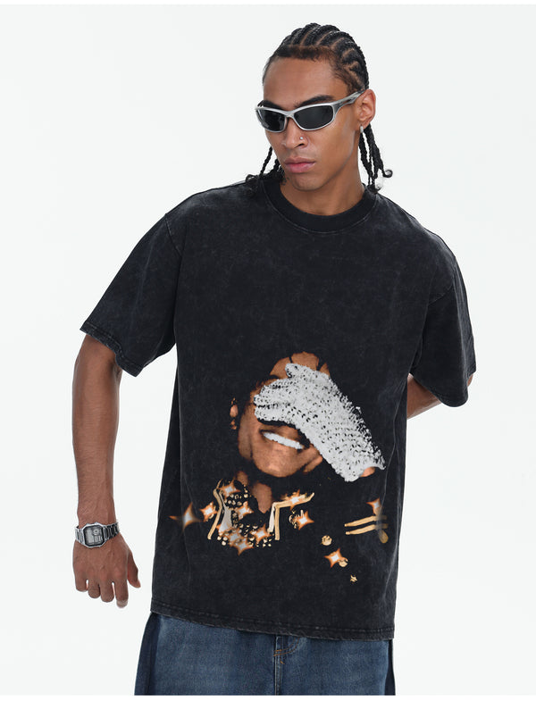 Spring/Summer 2026 Michael Jackson American Street Couple Top Direct Spray Print Washed Men's Short Sleeves