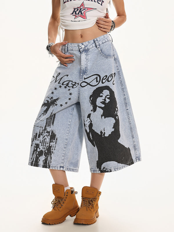 XPKAEAX American vintage washed printed design high-waisted, slimming, loose wide-leg cropped jeans for women's summer