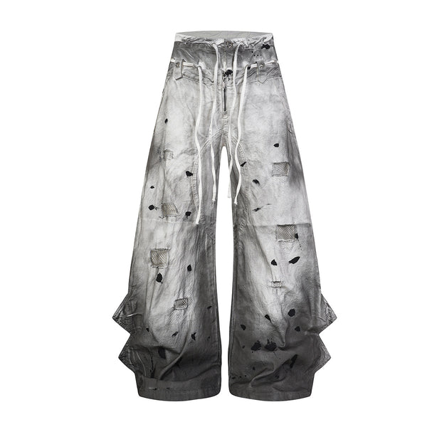 American High Street Subculture: Inkjet Graded Washed Destroyed Casual Pants Men's 3D Silhouette Double-Waist Toe Wide-Leg Pants