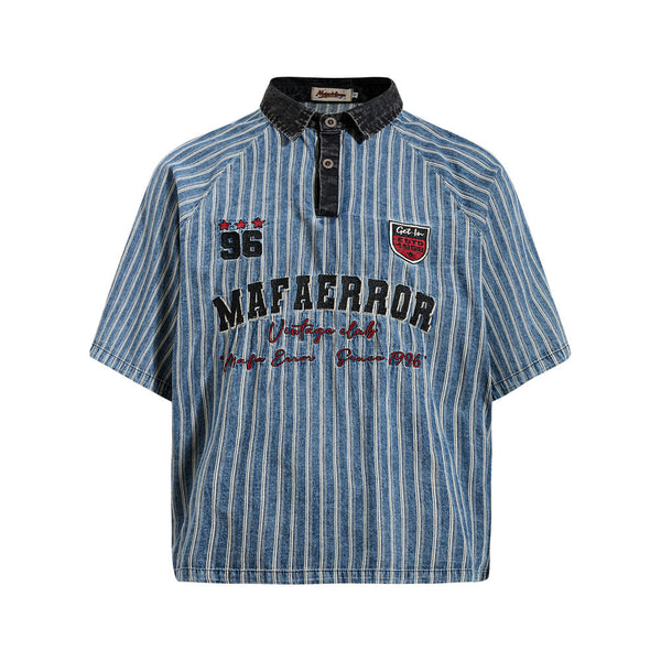 American baseball uniform summer men's polo shirt vintage American ins street trend letter embroidery contrast lapel T-shirt