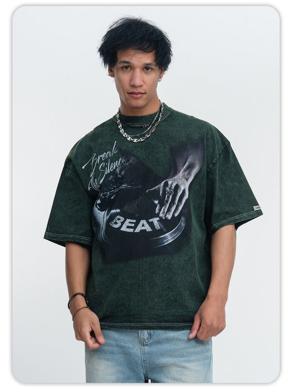 ONSEVENINE printed washed distressed small neckline 300g heavyweight pure cotton short-sleeve T-shirt for men, loose for summer