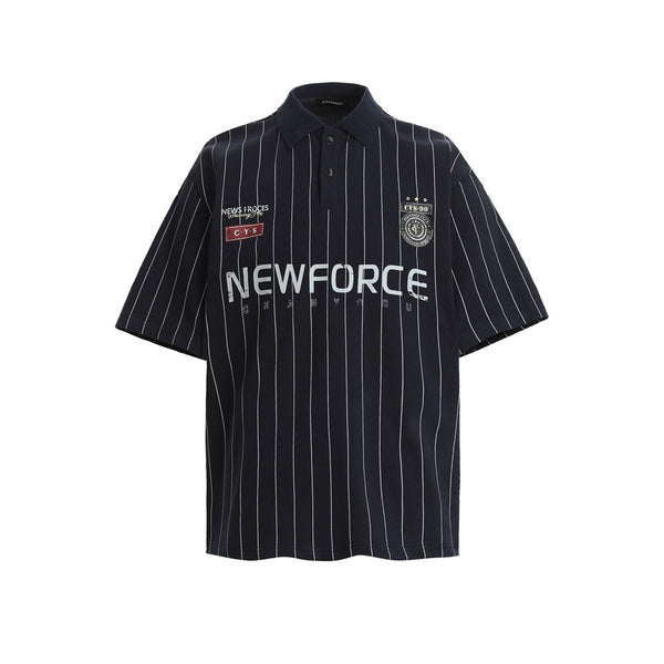 Vertical stripe monogram print short-sleeved polo shirt men's summer casual American street trend loose half-sleeve T-shirt top