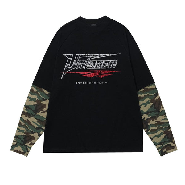 False Two-piece Patchwork Camouflage Long Sleeve Loose T-shirt Men