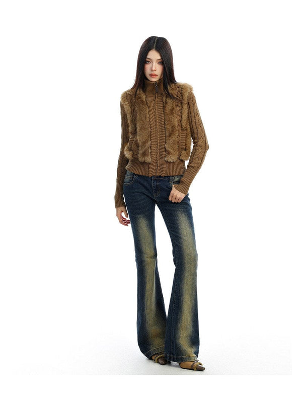 Eco-Fur Patchwork Stand Collar Twist Sweater