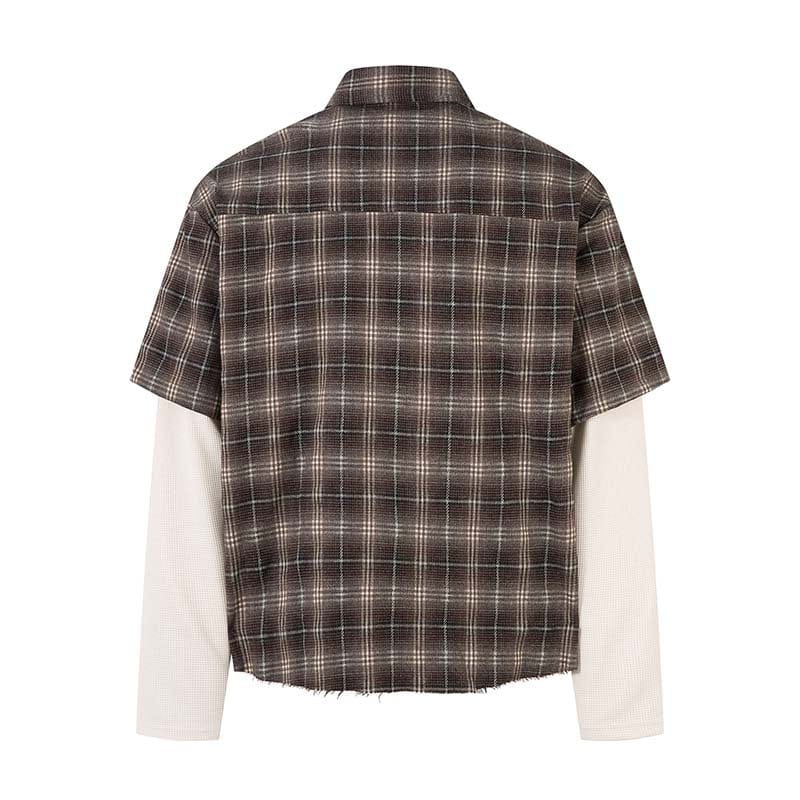 THETLSTUDIO Fall 2025 new American trendy brand letter print plaid fake two-piece patchwork lapel long sleeve shirt men's shirt