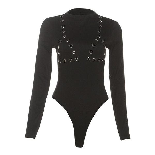 Ring-Hollow Eyelet Cyber Bodysuit