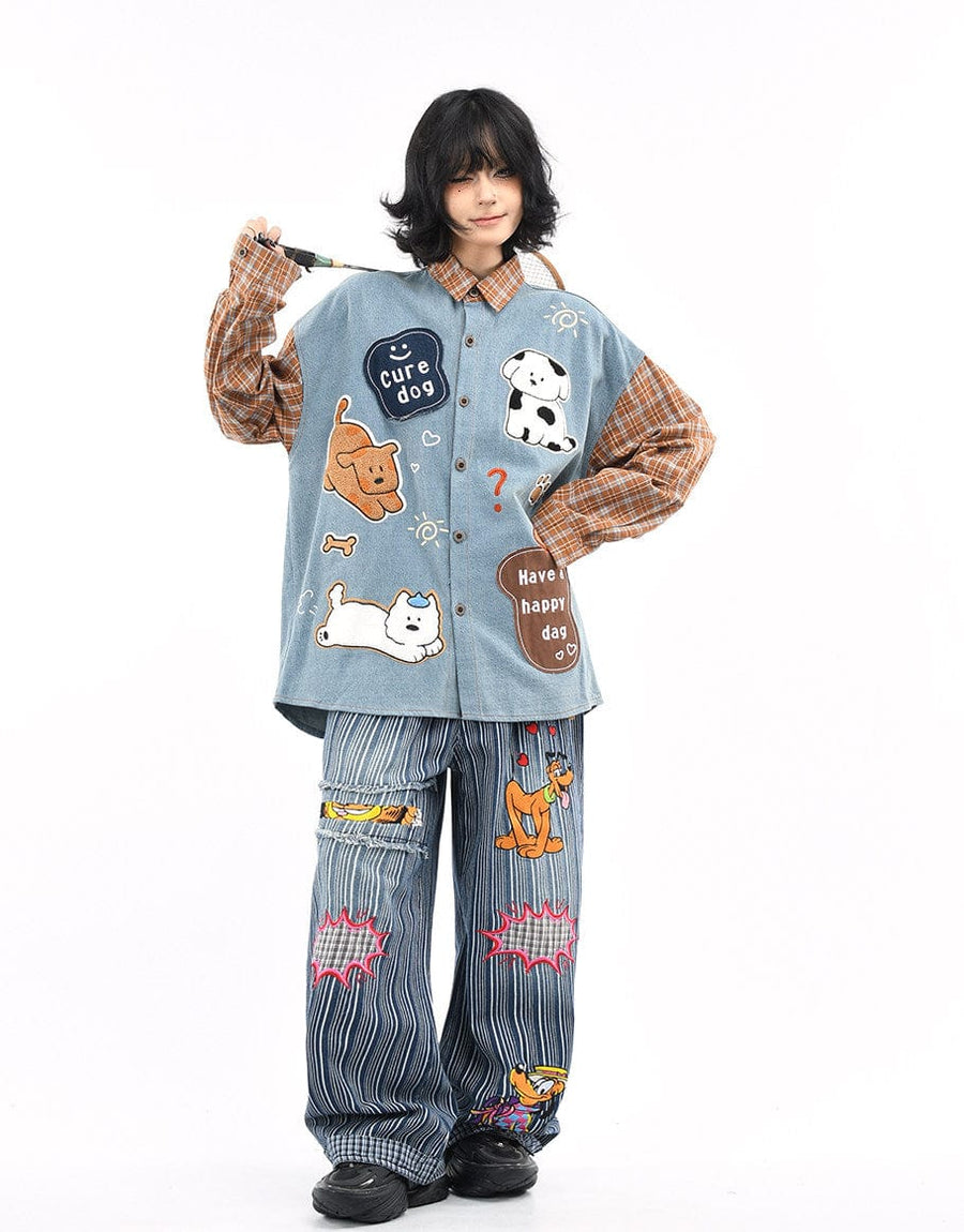 THETLSTUDIO OV original American plaid patchwork washed denim shirt men's and women's autumn puppy towel embroidered loose long-sleeved shirt