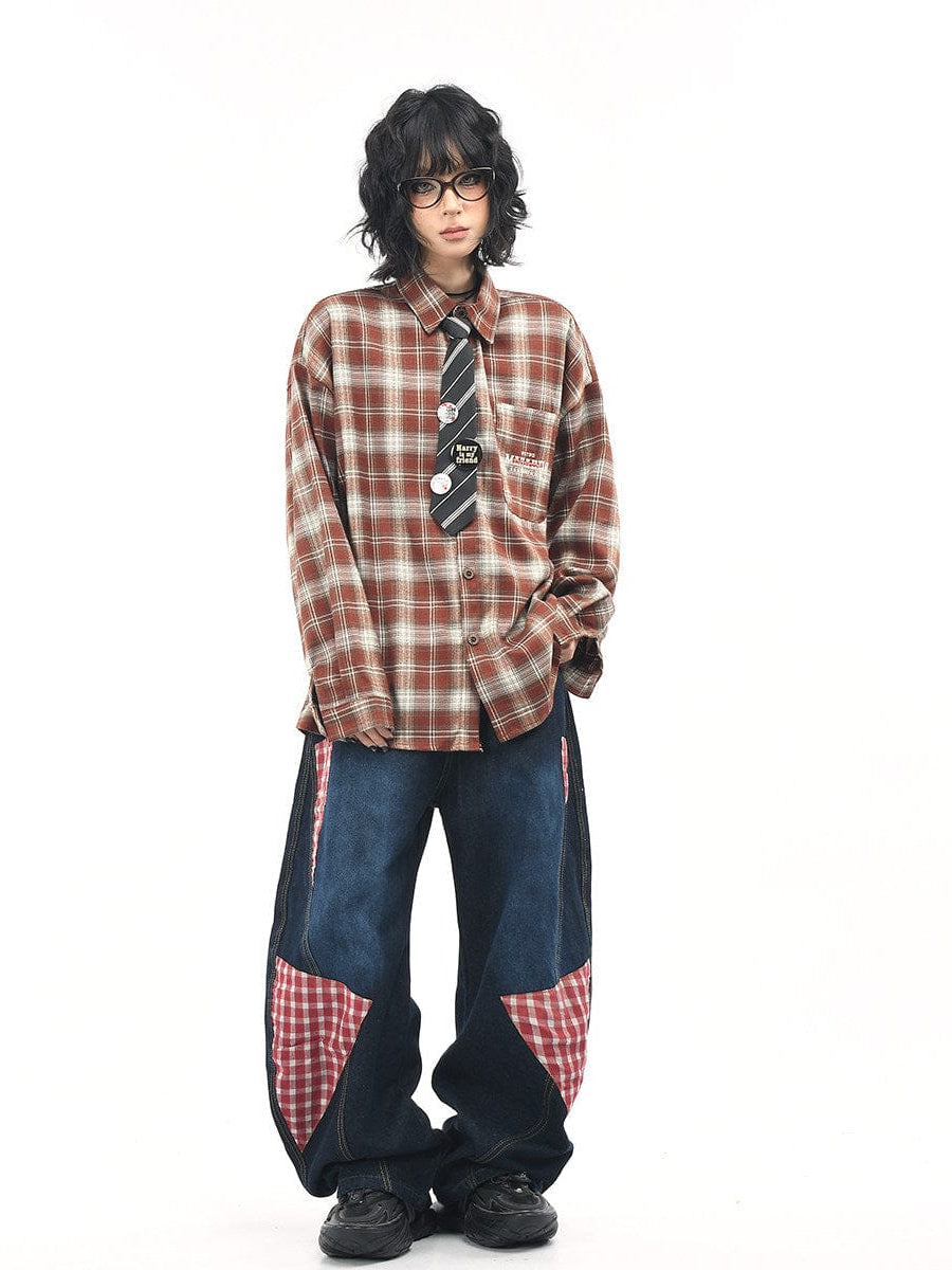 THETLSTUDIO OV original American vintage plaid long sleeve shirt men's and women's autumn street loose tie badge design shirt trend