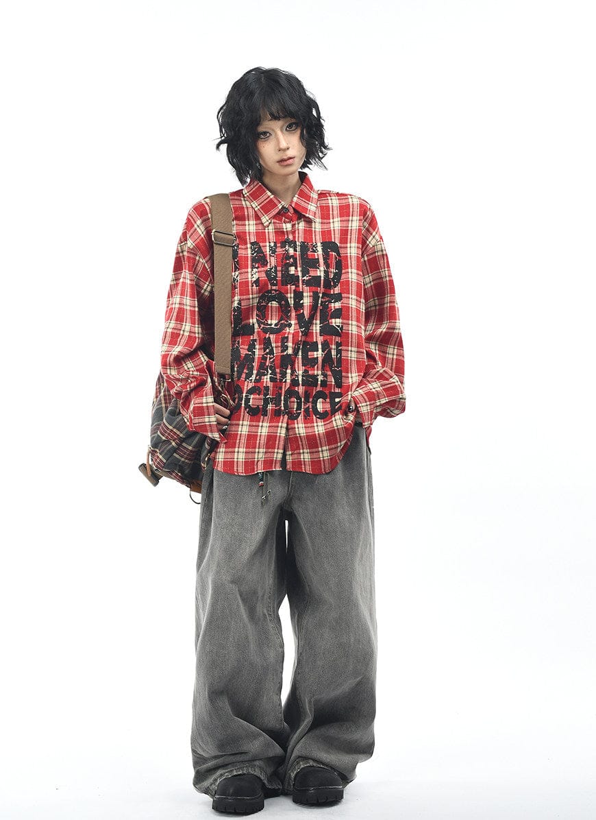 THETLSTUDIO OV original American vintage plaid mottled letter print long sleeve shirt men's and women's autumn loose casual shirt trend