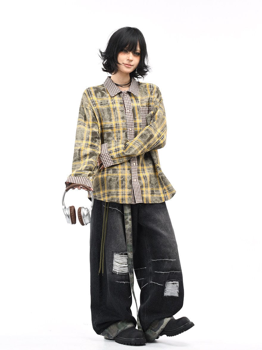THETLSTUDIO OV original American vintage plaid patchwork couple long sleeve shirt men's and women's autumn street loose casual shirt trend