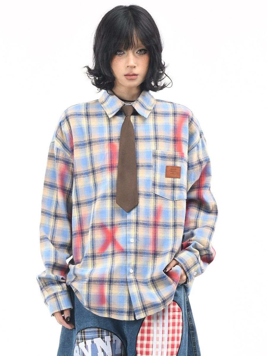 THETLSTUDIO OV original American vintage plaid smudged graffiti long sleeve shirt women's autumn tie design loose couple shirt