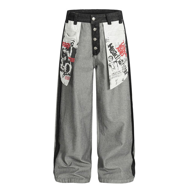 reversed, wearing large pocket printed jeans