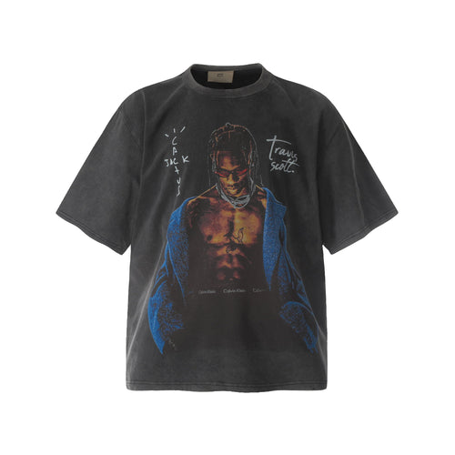 THETLSTUDIO S Travis Scottt Portrait Show-Limited Funny Print Vintage Washed Distressed Short Sleeve T-Shirt