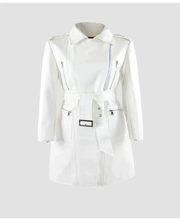 White Biker Mid-Length PU Jacket