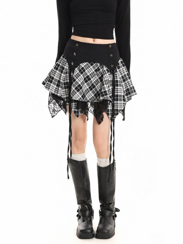 Irregular Lace-Stitched Plaid Skirt