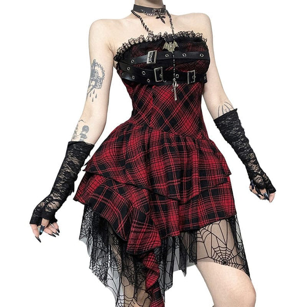 Gothic Red Plaid Bandeau Dress