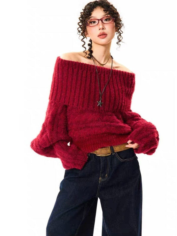 Astro-Red One-Shoulder Retro Sweater