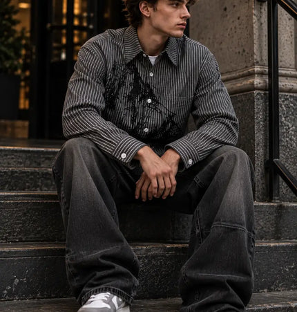 Magic Bear 2026 New Korean Old Money Style Niche Design Striped Shirt Men's INS Trendy Tough Shirt