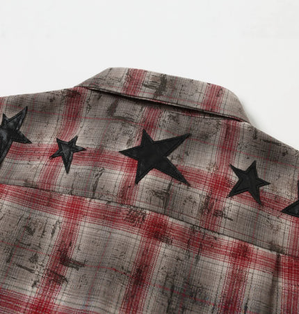 Magic Bear 2026 New American Street Subculture Applique Star Embroidery Distressed Plaid Shirt Long Sleeve