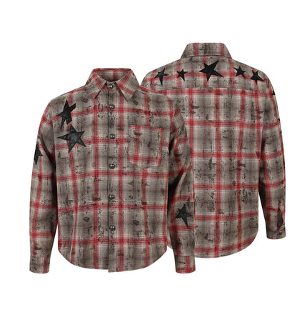 Magic Bear 2026 New American Street Subculture Applique Star Embroidery Distressed Plaid Shirt Long Sleeve