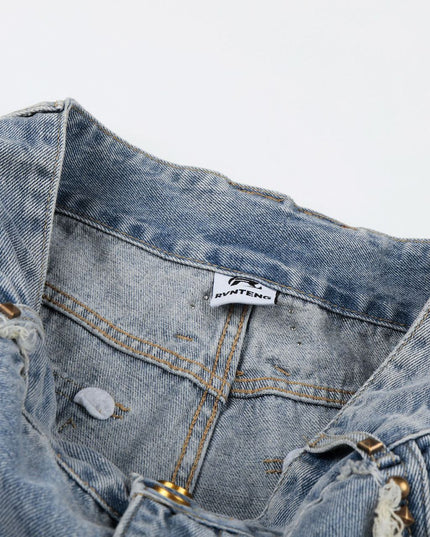 American-style street jeans, summer new washed patchwork pockets, frayed edged denim shorts, personalized five-point pants