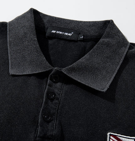 American vintage patch embroidered distressed short-sleeve polo shirt, summer men's loose INS street washed lapel T-shirt
