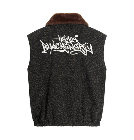 Leopard-Collar Zip Utility Vest