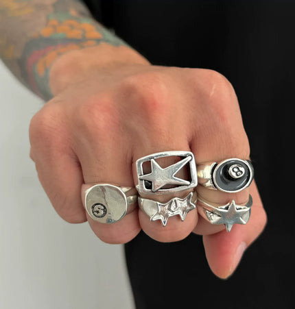 5-piece set of pentagram billiards black 8 ring set European and American retro hip-hop niche ring cross-border men's hand jewelry