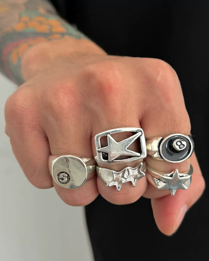 5-piece set of pentagram billiards black 8 ring set European and American retro hip-hop niche ring cross-border men's hand jewelry