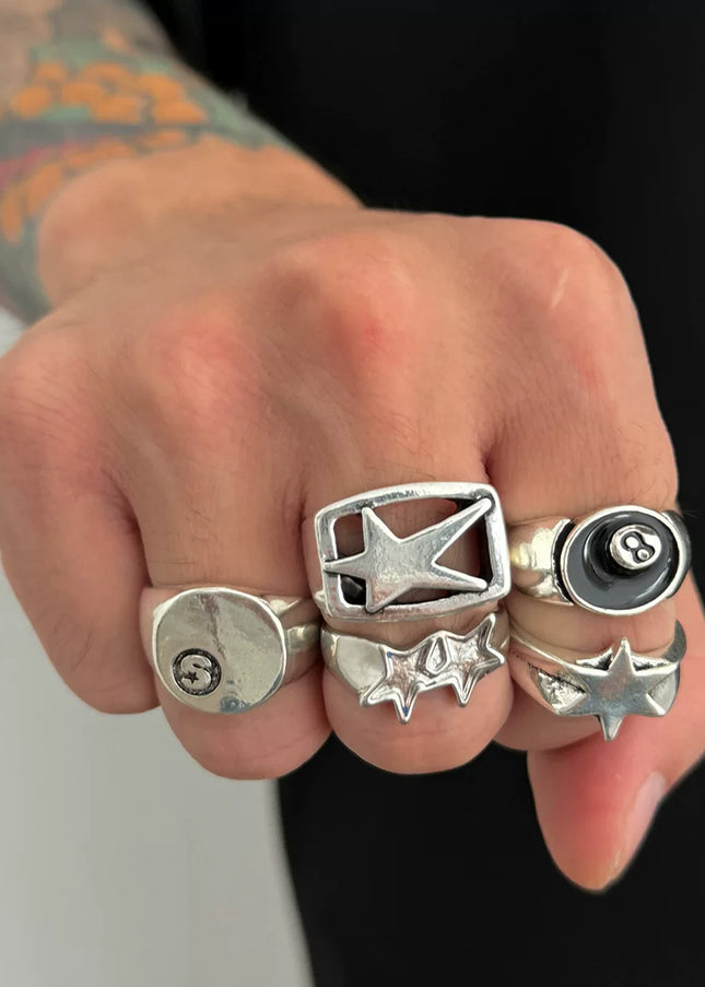 5-piece set of pentagram billiards black 8 ring set European and American retro hip-hop niche ring cross-border men's hand jewelry