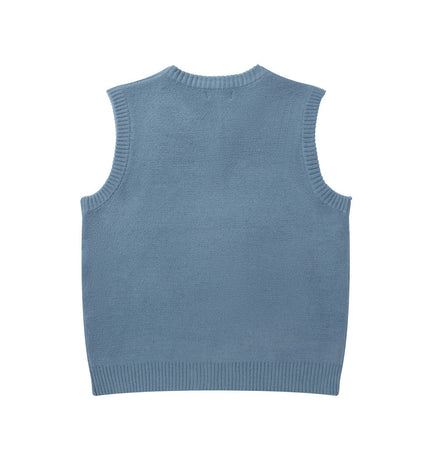 Men's knitted vest with ankle shoulder vest, spring/autumn European and American trendy brand cartoon jacquard V-neck sleeveless wide-shoulder sweater vest