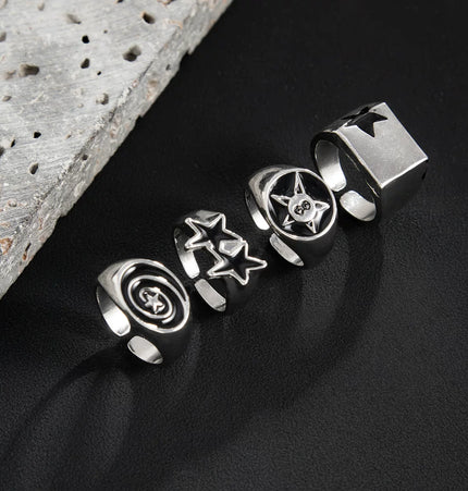 Men's 4-piece set of dripping oil five-pointed star ring set European and American hip-hop trend fashion boys take photos with accessories