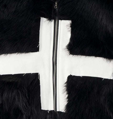 Cross Appliqué Faux-Fur Hooded Jacket