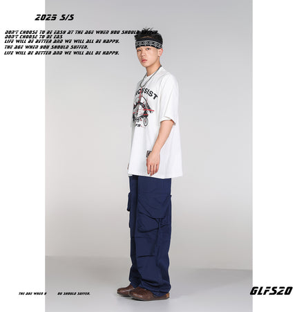 GLFS American style ins trendy brand retro boys versatile eyes cotton short sleeve female thin couple t-shirt chic top