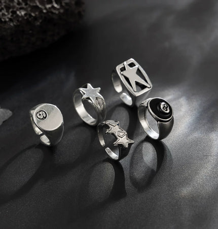 5-piece set of pentagram billiards black 8 ring set European and American retro hip-hop niche ring cross-border men's hand jewelry