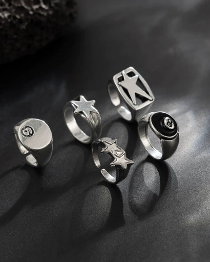 5-piece set of pentagram billiards black 8 ring set European and American retro hip-hop niche ring cross-border men's hand jewelry