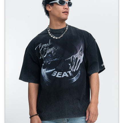ONSEVENINE printed washed distressed small neckline 300g heavyweight pure cotton short-sleeve T-shirt for men, loose for summer