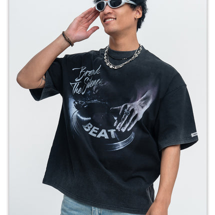 ONSEVENINE printed washed distressed small neckline 300g heavyweight pure cotton short-sleeve T-shirt for men, loose for summer