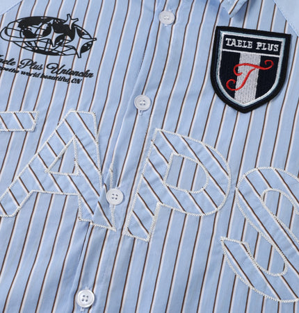 Magic Bear 2026 New American Vintage Sporty Striped Shirt Long Sleeve Design Appliqué Embroidery Shirt for Men