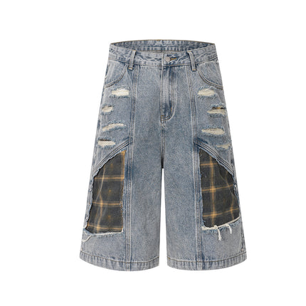 Washed Splicing Broken Denim Shorts