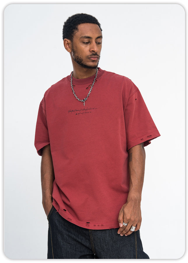 ONSEVENINE350-gram heavyweight pure cotton ripped breathable printed short-sleeve T-shirt, trendy loose for men and women, summer
