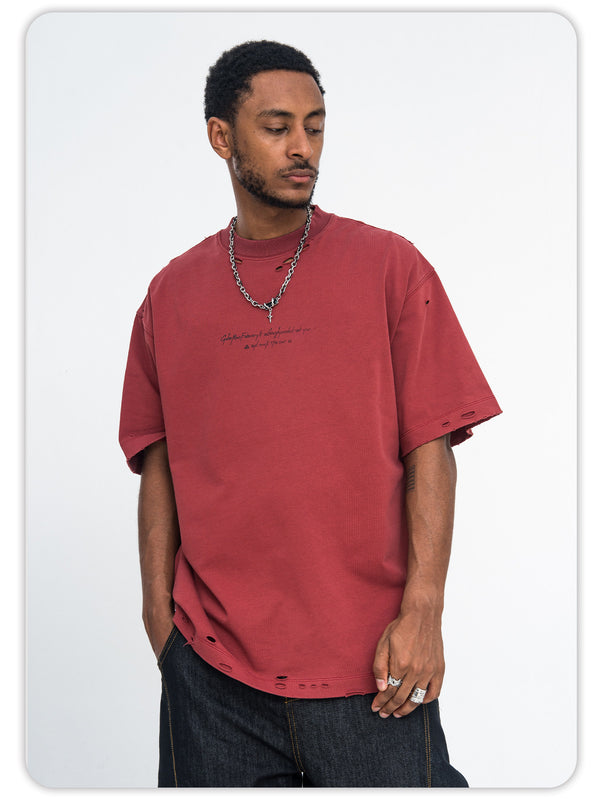 ONSEVENINE350-gram heavyweight pure cotton ripped breathable printed short-sleeve T-shirt, trendy loose for men and women, summer