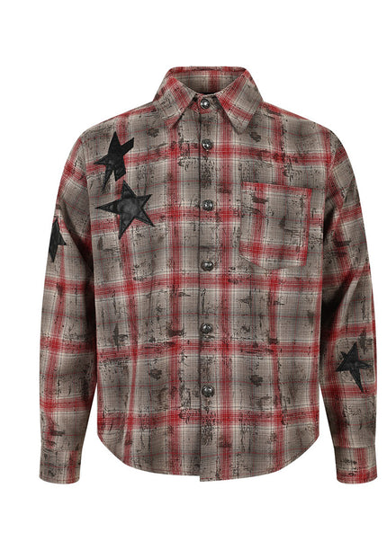 Magic Bear 2026 New American Street Subculture Applique Star Embroidery Distressed Plaid Shirt Long Sleeve