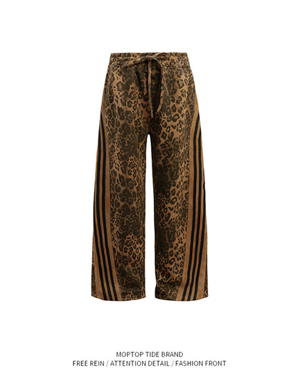 Mr. WH design leopard print hip-hop suit stand-up collar sweatshirt men's and women's slacks high street two-piece set