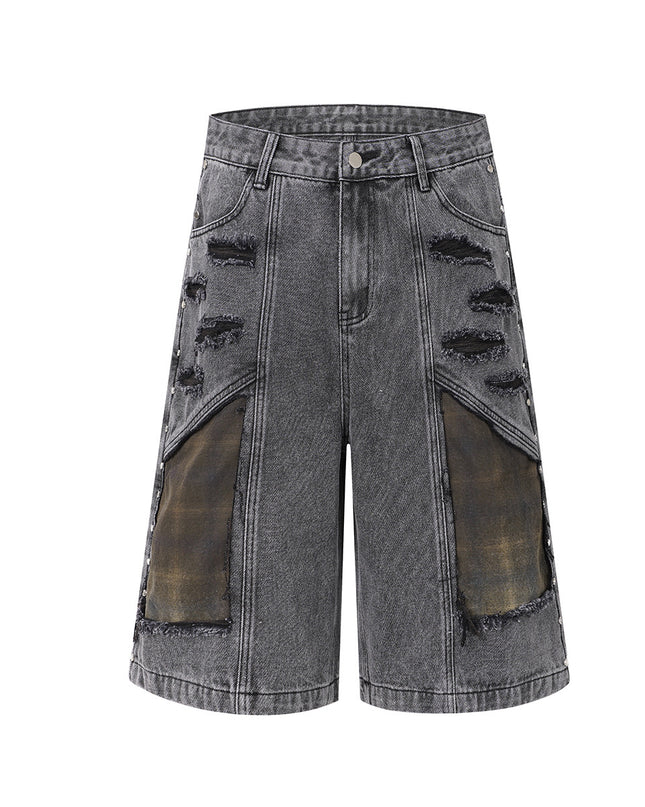 Jiayiku 2026 new American washed splicing broken denim shorts wasteland style personality street cropped pants for men