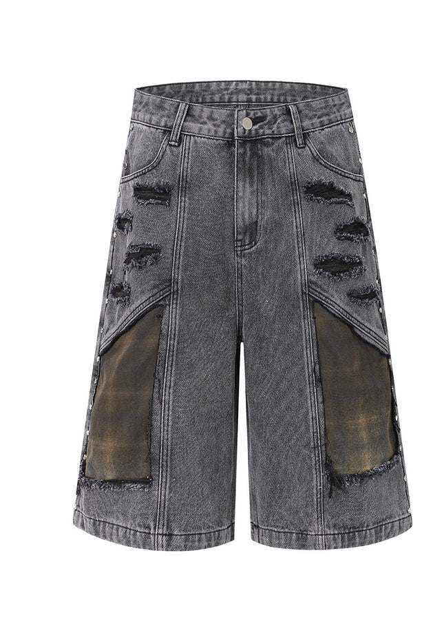 Washed Splicing Broken Denim Shorts