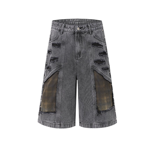 Washed Splicing Broken Denim Shorts