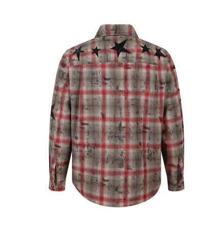 Magic Bear 2026 New American Street Subculture Applique Star Embroidery Distressed Plaid Shirt Long Sleeve